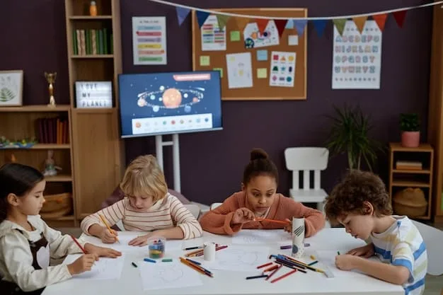 A teacher using an interactive whiteboard to teach math to a group of elementary school students. The classroom is colorful and engaging, with various learning materials visible.