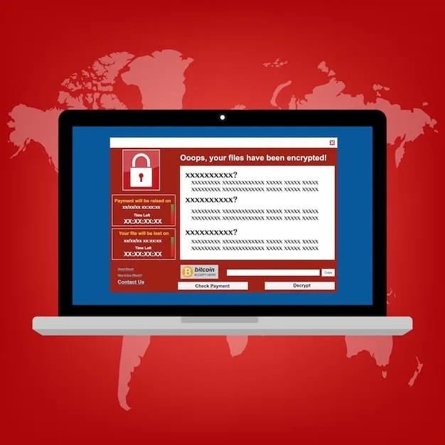 A graphical representation of a ransomware attack, showing a computer screen with a ransom message overlaid on a lock icon, symbolizing the encryption of data. The background includes blurred code and digital elements.