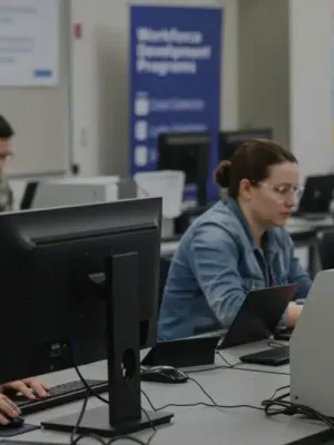 Adults engaged in skill retraining for modern jobs, symbolizing workforce development programs.