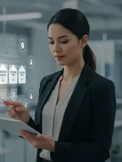 Professional woman reviewing micro-credential badges on a tablet, symbolizing career advancement.
