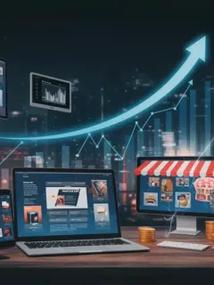 Illustration of E-commerce Sales Growth 2026 with interconnected devices and rising graphs.