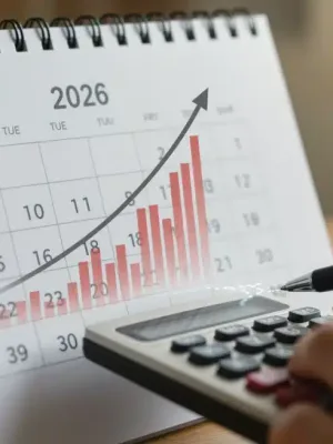 Calendar page for 2026 with a 2.8% COLA increase graph and financial planning tools.