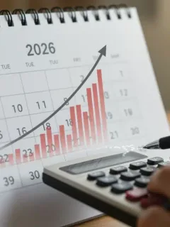Calendar page for 2026 with a 2.8% COLA increase graph and financial planning tools.