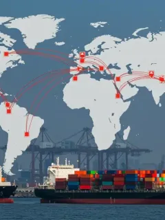 Global supply chain map with red lines indicating shipping delays until Q1 2026, impacting consumer goods.