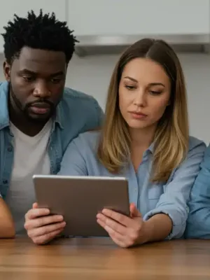 Family reviewing financial information on a tablet, symbolizing SNAP benefit changes.