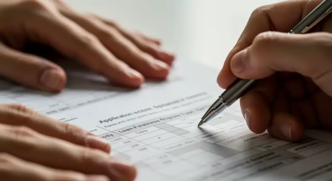 Hands completing a student loan forgiveness application form