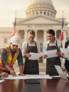 Small business owners reviewing federal aid package documents with hope.