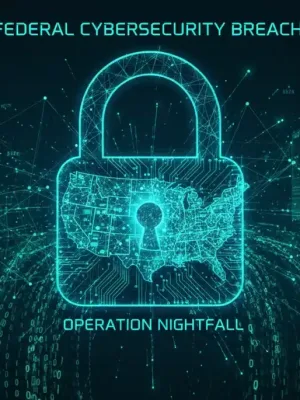 Digital padlock over US map with binary code, symbolizing a major cybersecurity breach and federal investigation.