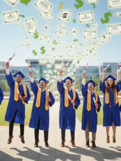 High school seniors celebrating graduation with scholarship certificates.