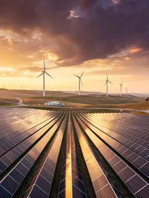 Solar farm and wind turbines symbolizing renewable energy investment