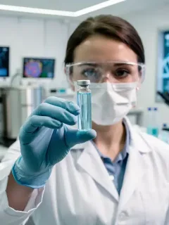 Scientist holding a vial with a new breakthrough therapy in a state-of-the-art laboratory.