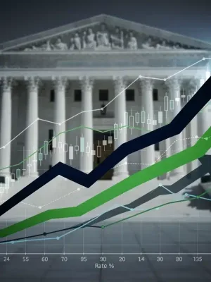 Federal Reserve building with ascending interest rate graph and investment charts.