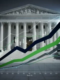 Federal Reserve building with ascending interest rate graph and investment charts.