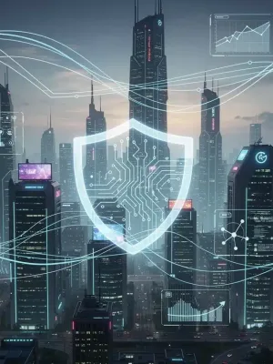 Futuristic city with data streams and a shield, representing AI regulation and data protection.