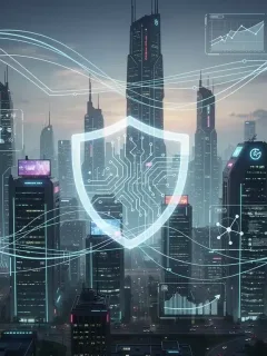 Futuristic city with data streams and a shield, representing AI regulation and data protection.