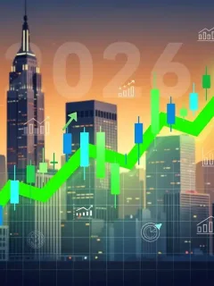 Illustration of a rising stock market chart over a US city, representing the 2026 US stock market outlook and economic growth.