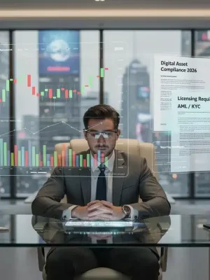 Financial planner analyzing digital asset regulations and cryptocurrency charts for 2026