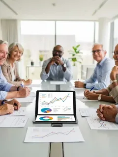 Group of diverse retirees discussing pension plan adjustments for 2026