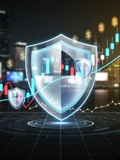 Financial charts showing market volatility with a protective shield, representing wealth management strategies for 2026.