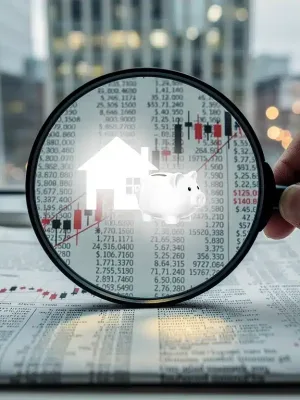 Financial newspaper with magnifying glass, house, and piggy bank, symbolizing Fed rate hike impact on mortgages and savings.