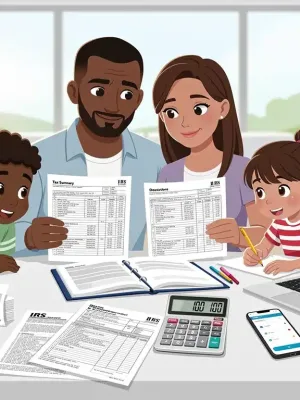 Family reviewing tax documents and a calculator, symbolizing 2026 tax code changes and financial planning for American households.