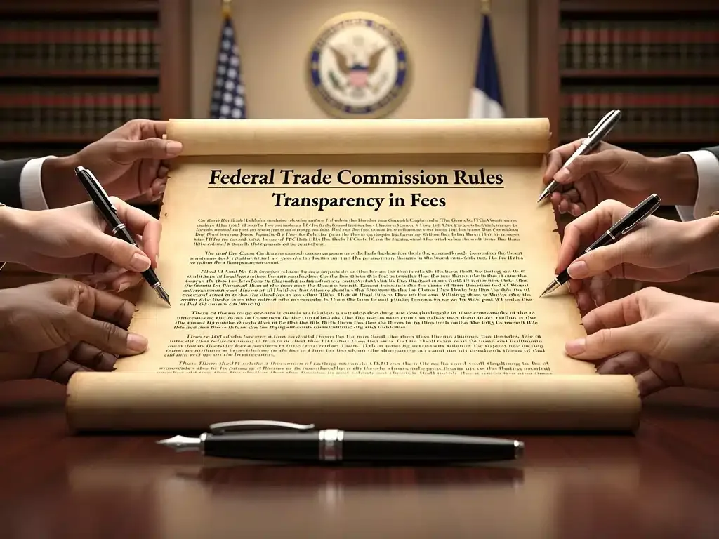 Legal document symbolizing new FTC regulations being enforced to ban hidden fees.