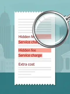 Illustration of a magnifying glass inspecting a receipt, highlighting hidden fees being eliminated by new FTC regulations. FTC Bans Hidden Fees.