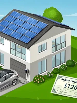 Modern home with solar panels and wind turbine, representing residential clean power adoption