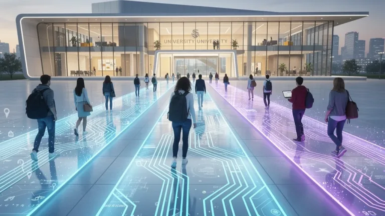 Digital pathways leading to a modern university building, representing direct admissions expansion in 2026.