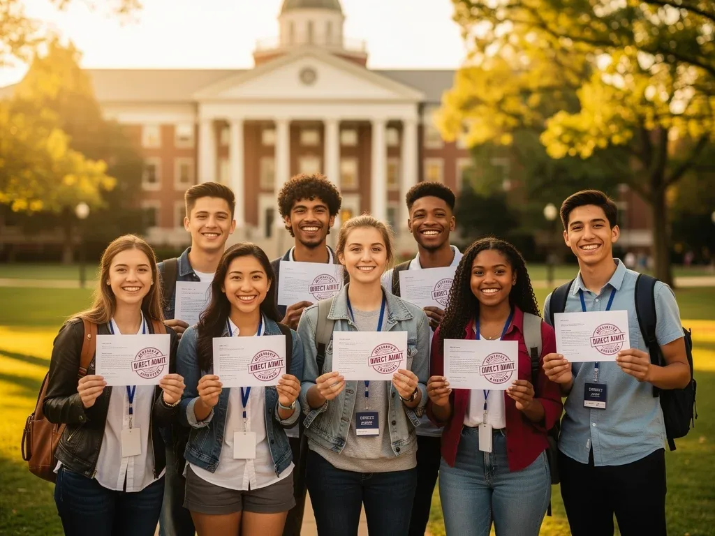 Diverse students celebrating direct admission offers, symbolizing simplified college entry.