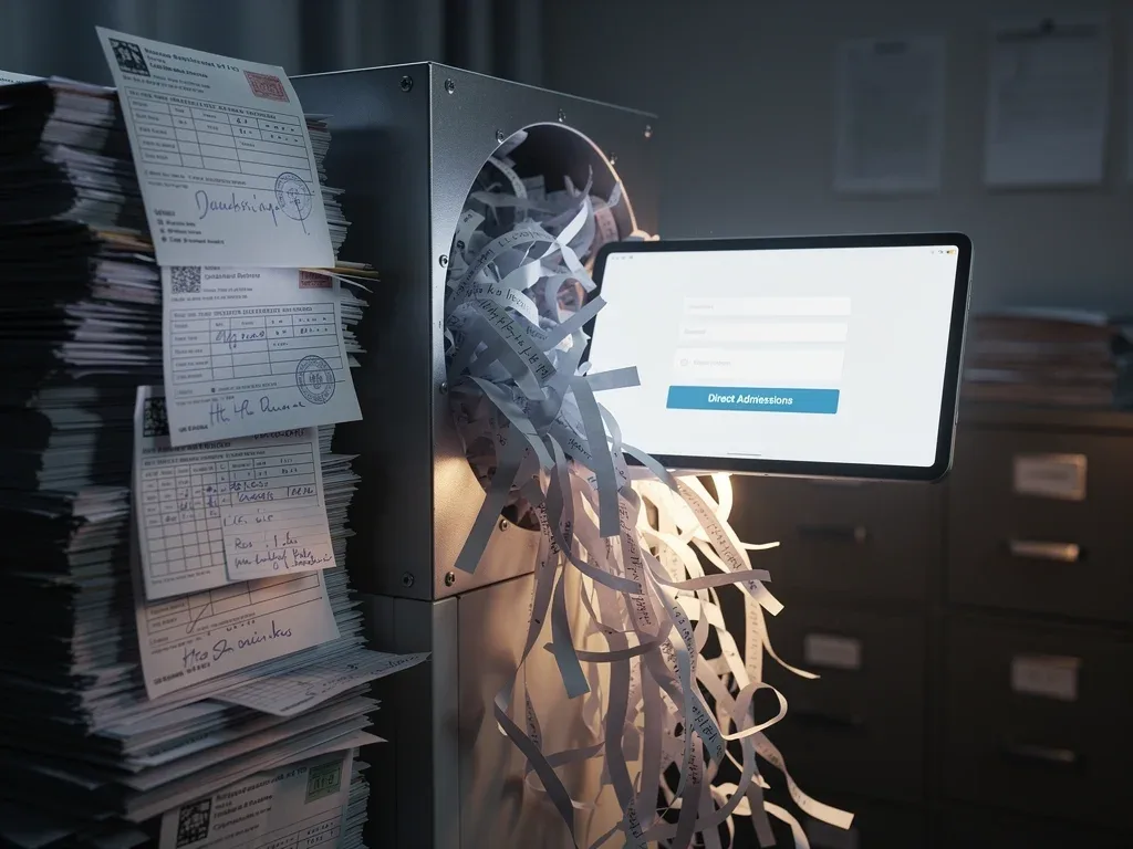 Complex traditional application form being shredded, replaced by a streamlined digital direct admissions process.