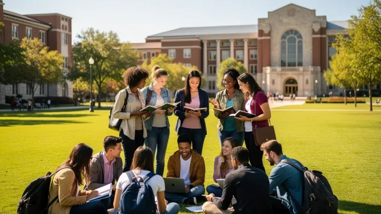 Students discussing academic pathways on a college campus, symbolizing success