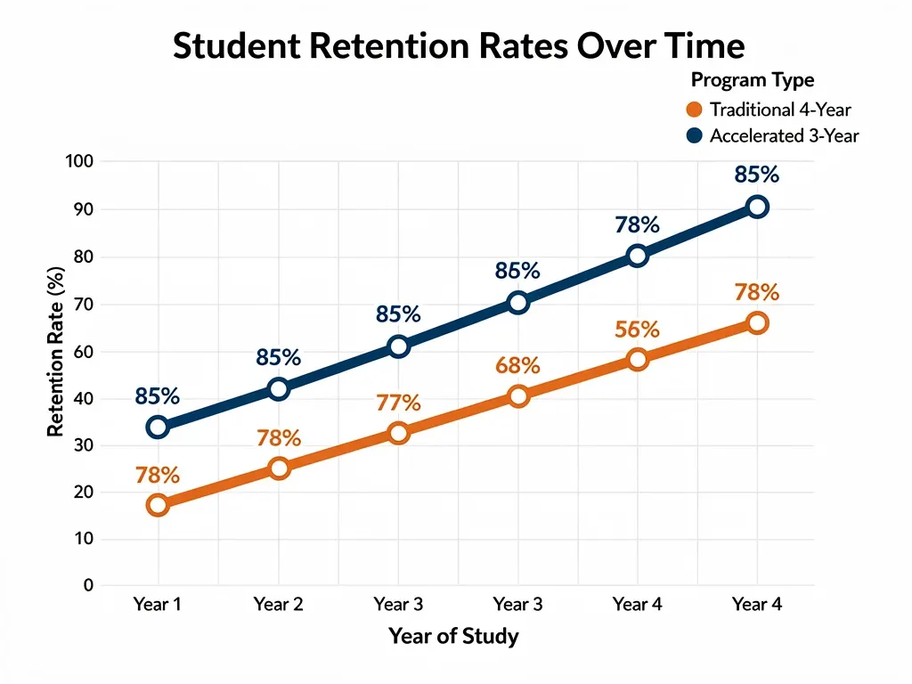 Comparison graph showing student retention rates in 3-year versus 4-year bachelor's programs.