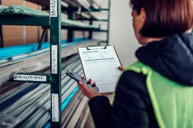 Close-up shot of a customs officer inspecting imported goods at a US border control facility, highlighting the inspection process and security measures in place.