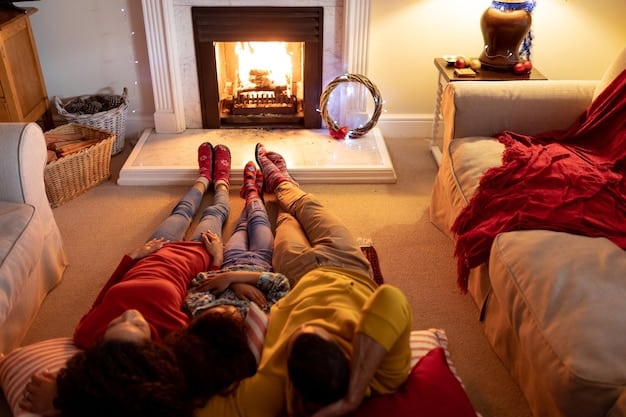 A family is shown inside their well-prepared basement during a storm. They are gathered around a table with flashlights, water bottles, and a first aid kit. The basement is clean, organized, and free of clutter, with emergency supplies neatly stored on shelves.