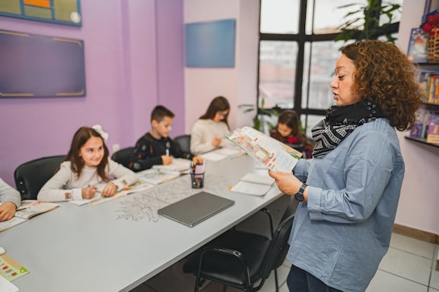 A classroom setting with students actively engaged in a mock AP exam, the teacher is circulating offering guidance and support, with posters on the wall outlining key strategies for tackling exam questions.