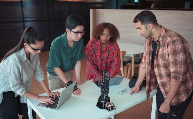 A group of students collaborating on an AI project, demonstrating teamwork, problem-solving, and practical application of AI knowledge.