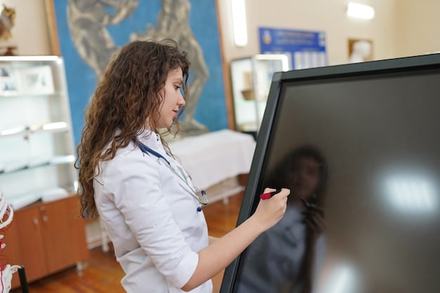 A teacher standing at the front of the classroom, using an interactive whiteboard to present a lesson. The students are sitting at their desks, actively participating and asking questions. The classroom is equipped with modern technology, including tablets and laptops.