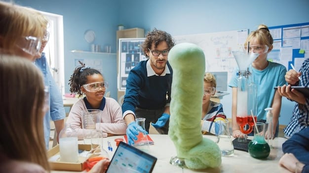 A group of students are working together on a science experiment. Some students are assisting a classmate with a learning disability, providing encouragement and guidance.