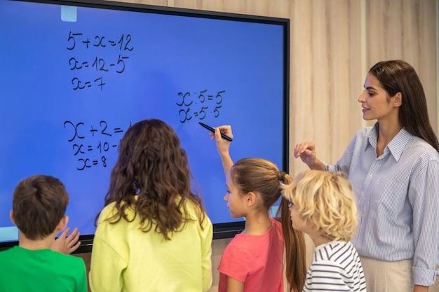 A teacher demonstrating a math problem on a smartboard, with students actively participating and asking questions, illustrating the interactive and engaging approach to teaching mathematics within the Common Core framework.