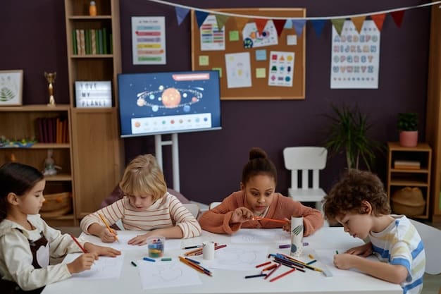A teacher using an interactive whiteboard to teach math to a group of elementary school students. The classroom is colorful and engaging, with various learning materials visible.