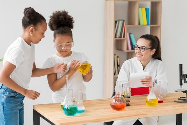 A classroom with elementary school students engaged in a science experiment, supervised by their teacher. The teacher is helping a student mix chemicals in a beaker.