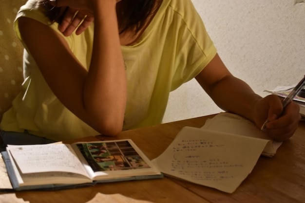 A close-up shot of a student thoughtfully working on a self-reflection journal in a classroom, highlighting the self-awareness component of social-emotional learning.