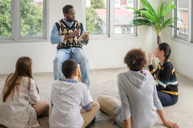 A group of diverse students sitting in a circle in their classroom, participating in a group discussion, showcasing the application of social-emotional learning in a collaborative setting.