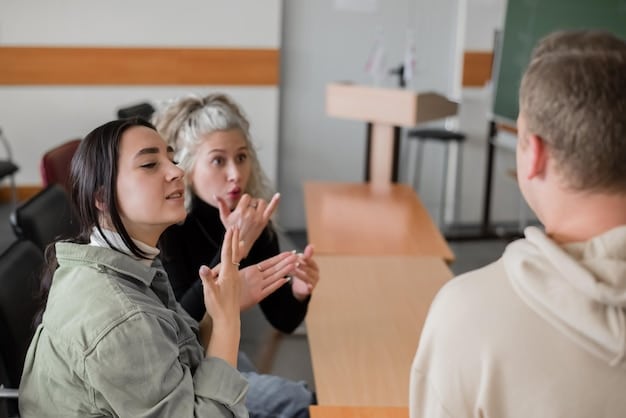 A warm and inviting image showing a teacher actively listening to a parent during a meeting in a classroom, focusing on the teacher's attentive body language and empathetic facial expression.