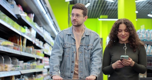 A split image showing a consumer in a grocery store comparing two almost identical products - one with a 