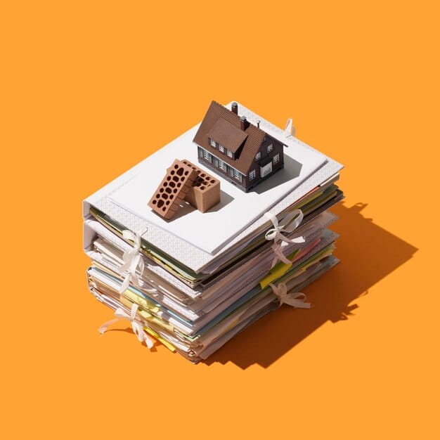 A split-screen image showing a house on one side and a stack of tax forms on the other. The image represents the connection between property ownership and tax responsibilities.