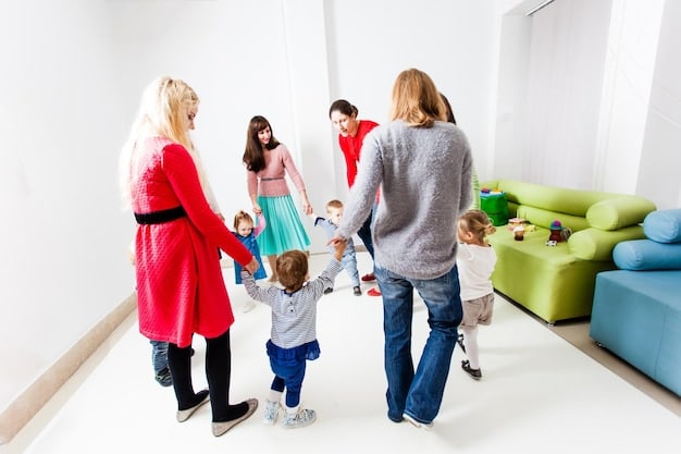 A mother dropping off her child at a daycare center. The center is clean, well-lit, and filled with children playing under the supervision of caregivers.