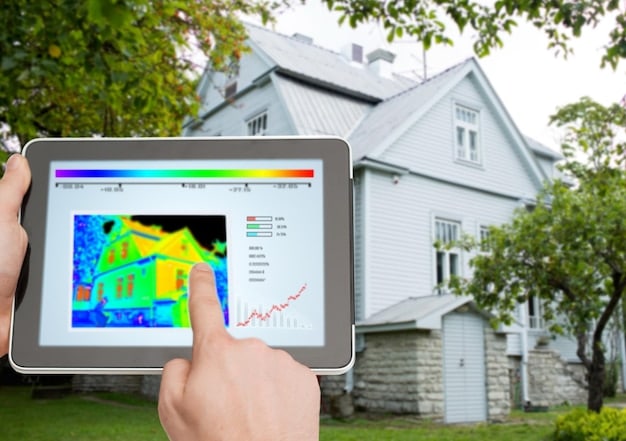 A detailed image of a home energy audit, showing an auditor using thermal imaging to identify areas of heat loss in the walls. This emphasizes the importance of identifying inefficiencies before making upgrades.