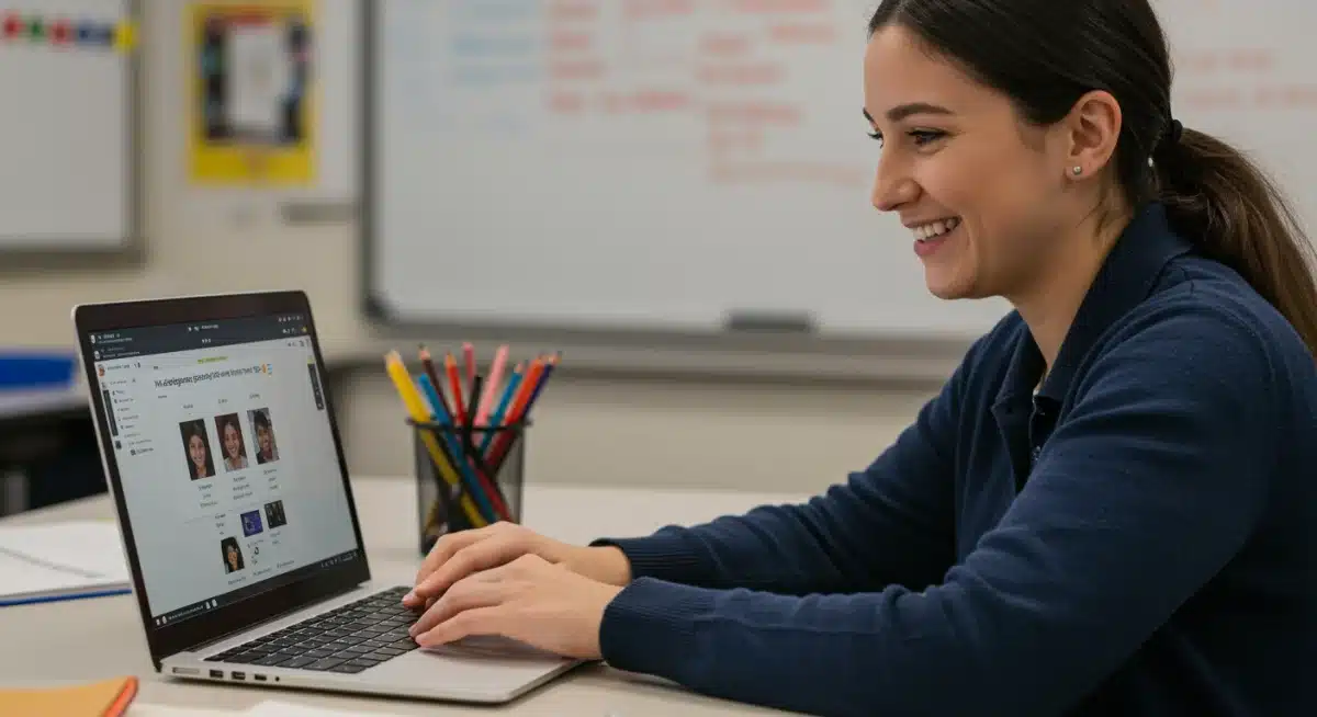 Teacher utilizing AI adaptive learning platform for personalized student education